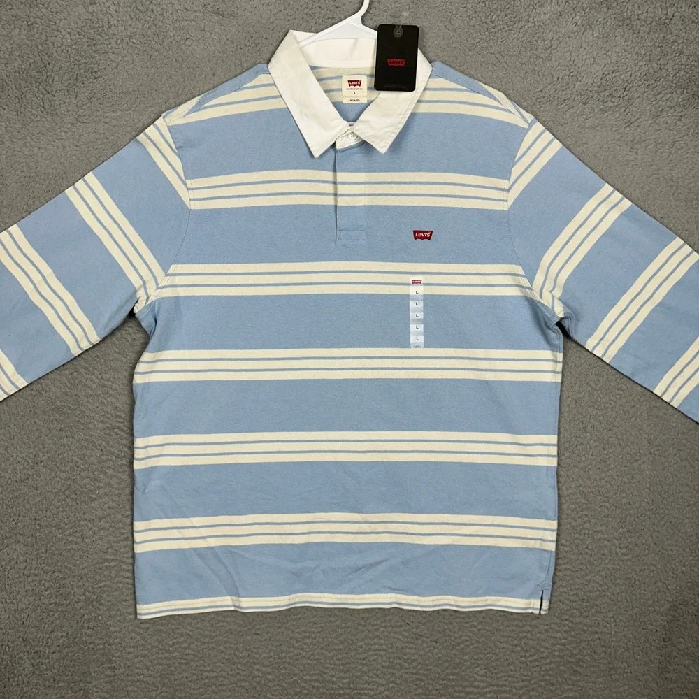 NEW Levis Rugby Shirt Mens Large Relaxed Light Blue White Striped Long Sleeve